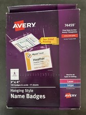 Avery 74459 Name Badges 100 Hanging Badges with Cords 3" by 4" NEW BUT OPEN BOX