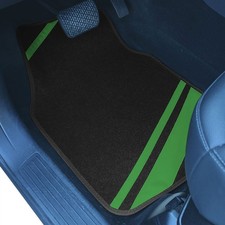 Non-slip 1st 2nd Row Green Carpet Floor Mat Set W Faux Leather Stripes