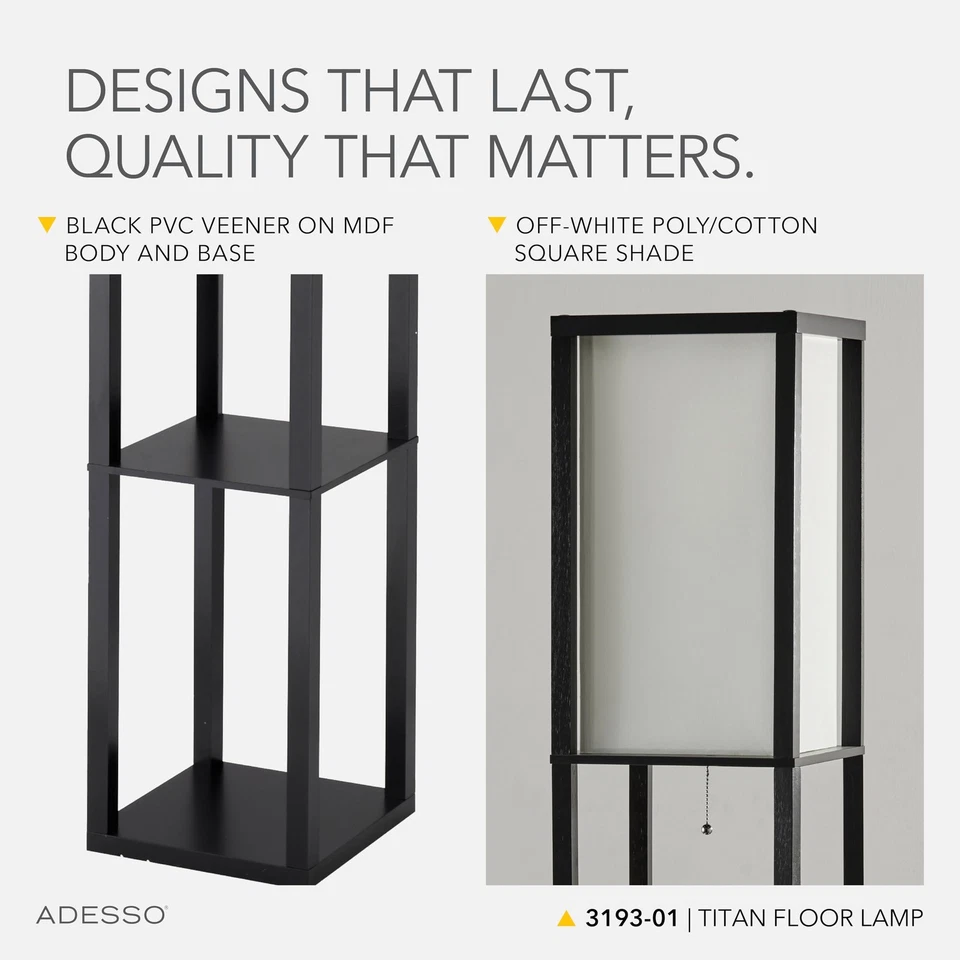 "Lámpara de pie cuadrada con estantes abiertos de 3 niveles, base negra, pantalla de tela, 72"" T x..." Foto 4 de 4