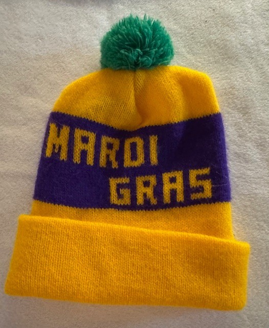 Vintage Mardi Gras Purple Green & Gold Beanie Hat Knit Cap Pom Pom Beret