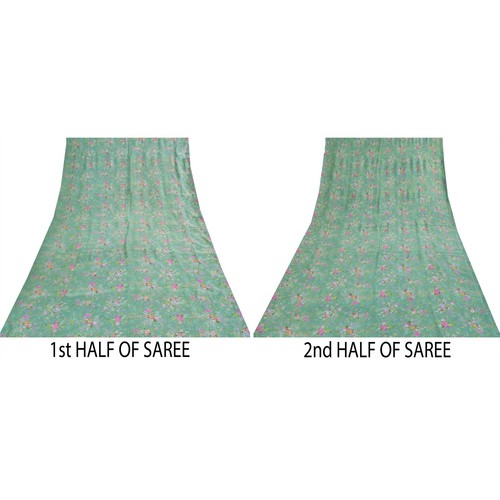 Sanskriti Vintage Sarees Sea-Green 100% Pure Silk Printed Sari 5+Yd Craft Fabric - Picture 4 of 11