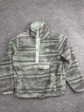 Billabong Jacket Women L Green Striped Sherpa Fleece Lined Snap Pullover Pockets