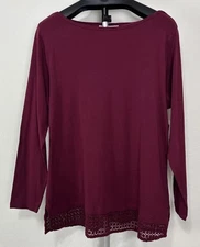 Karen Scott Top Sz XL Mulberry 100% Cotton Long Sleeves Crocheted Lace Hem NWT