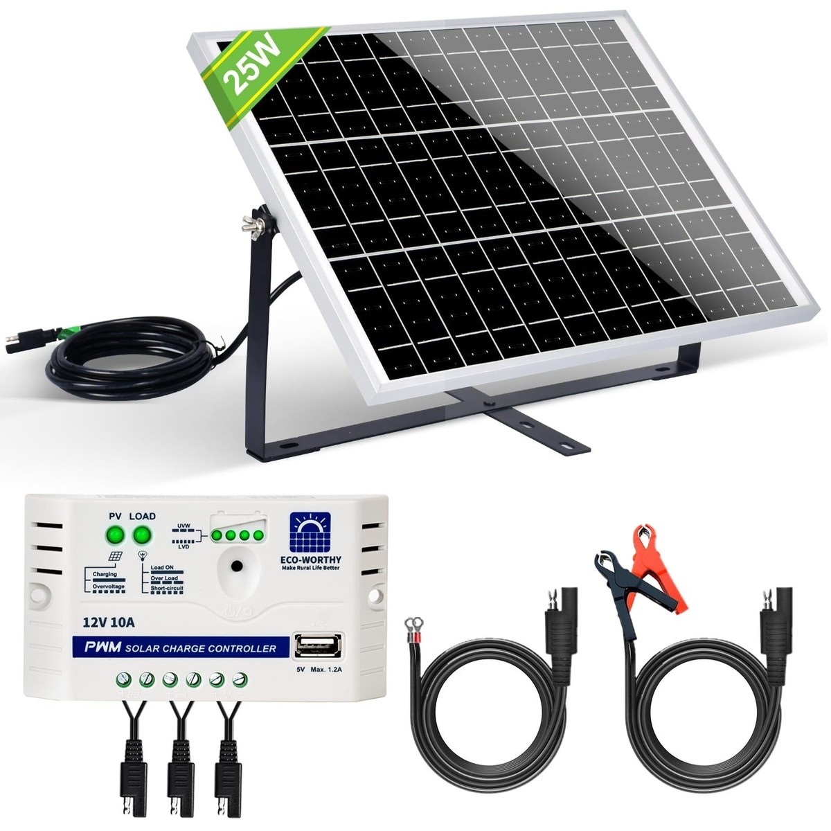 ECO-WORTHY 25W 12ソーラーパネルキット チャージーコントローラー ECO-WORTHY 25 Watts 12V Off Grid Solar Battery Charger Kit