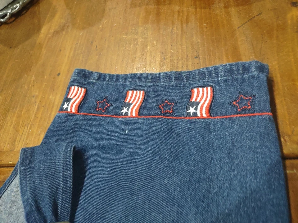 Mono Jean Mountain Lake Patriótico Bordado Azul Babero Capris Bandera Mujer M Foto 4 de 4