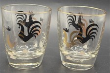 2 MCM Black & Gold Clear Rooster/Weathervane  4 Oz Cordial/Juice Glasses, 3”
