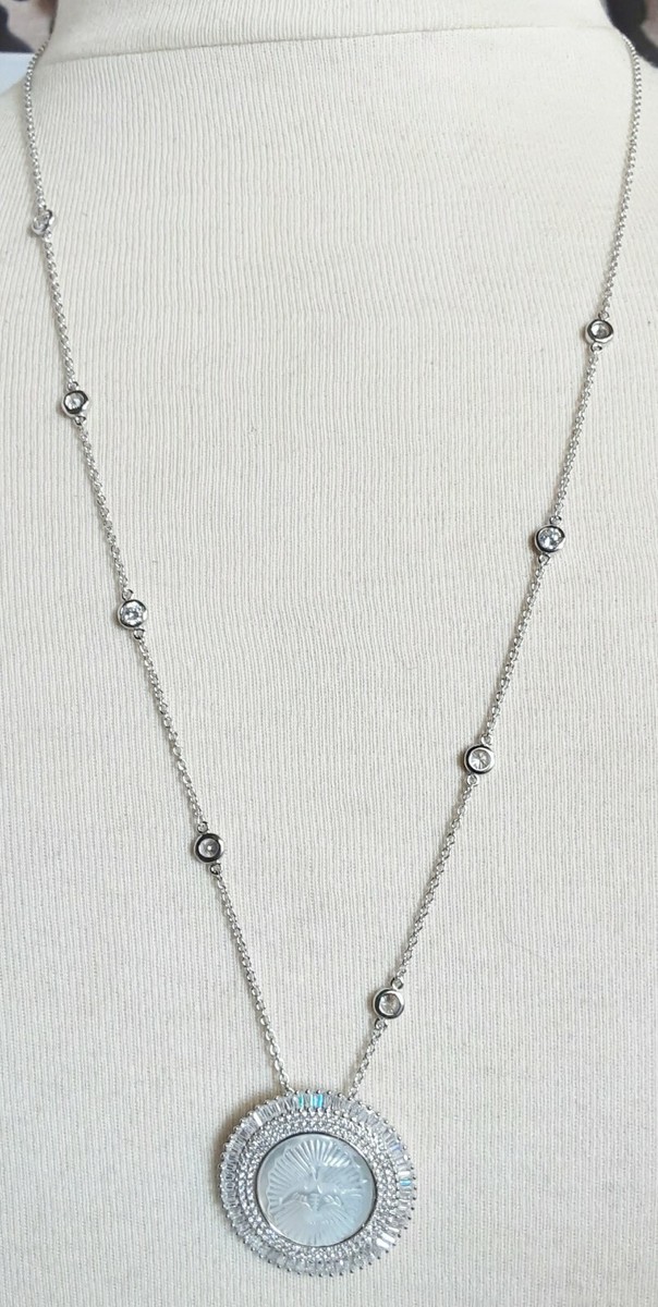 Collier Rétro Argent 925 Avec Pendentif Colombe Nacre Et Cristaux - Occasion Très Bon état