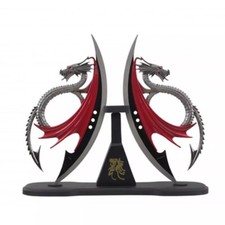 Fantasy DRAGON Twin DAGGER Fixed Blade Collectible Knife w/ Wooden Display stand
