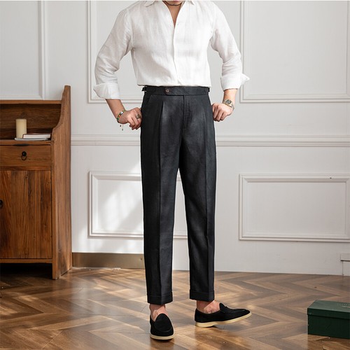 Hombres Verano 100% Lino Pierna Recta Pantalones Nápoles Cintura Alta Pantalones Informales Pantalones - Imagen 27 de 27