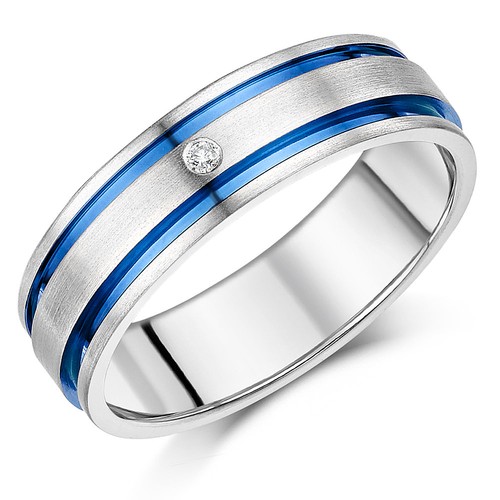 Titanio Anillo Diamante Azul Acanalado Incrustación Compromiso 5mm O 7mm Banda - Imagen 4 de 4