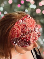 Beautiful Rhinestone  Pearl Roses Stretch Headband, Hand Painted