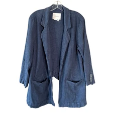 ANTHROPOLOGIE Women's Size US 14 Blue Linen Blend Lagenlook Open Blazer Jacket