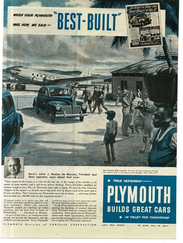 1945 PLYMOUTH Builds Great Cars Pan Am B-307 in Trinidad WWII Vintage Print Ad