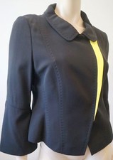 Feraud Midnight Black & Yellow Trim 100% Silk Collared Boxy Blazer Jacket