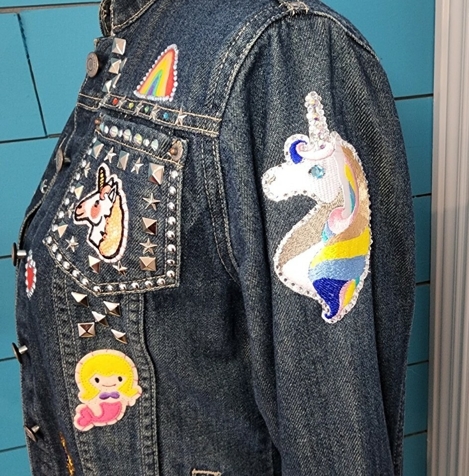 OOAK Unicorn Madness Patch Jean Jacket Studs Beda… - image 6