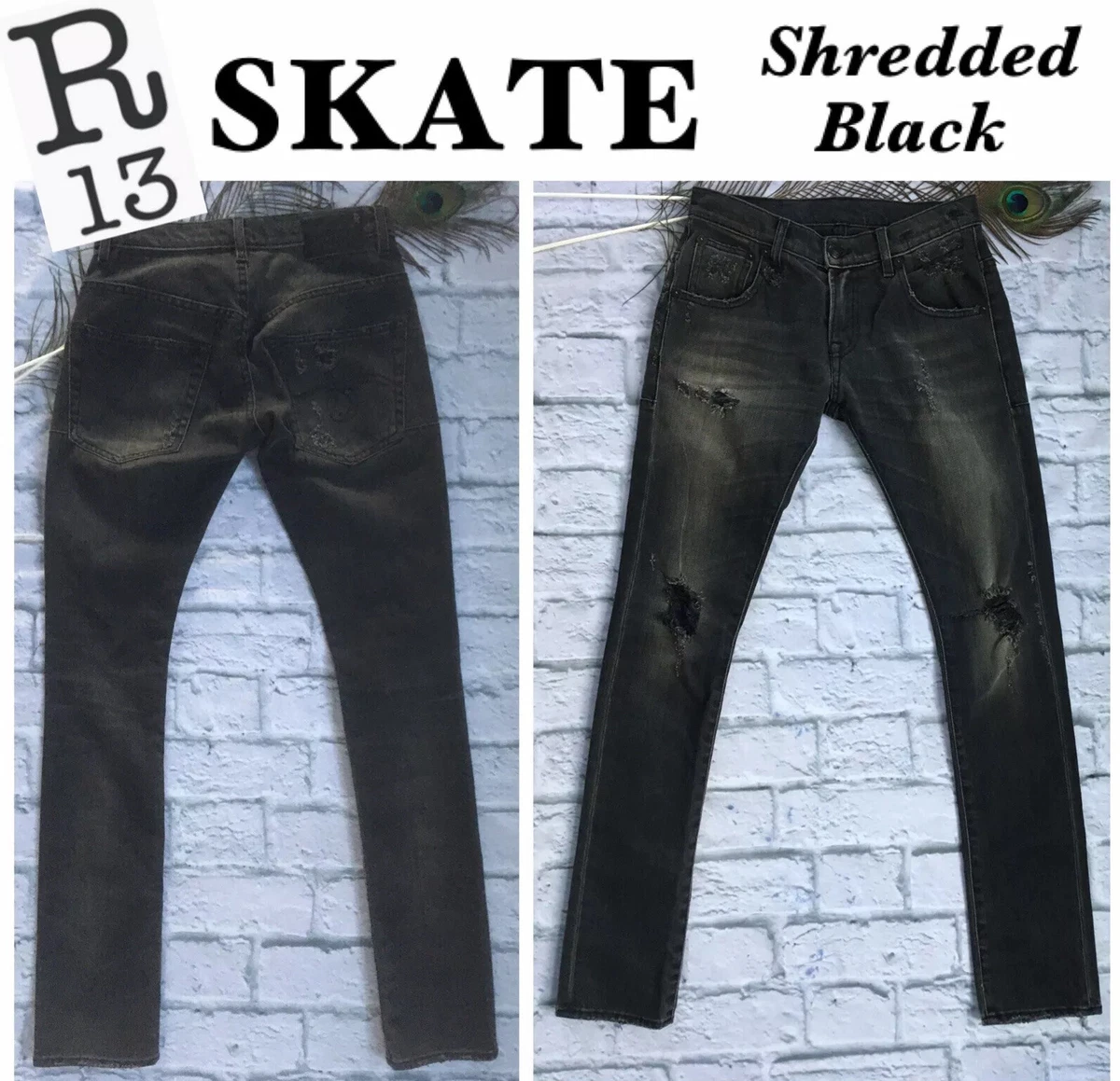 ON SALE R13 24 Skate Shredded Black Distressed Jeans L32.5 Japanese Denim 395