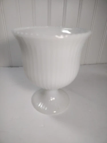 Vintage White Milk Glass Vase Compote Pedestal Ribbed & small Ruffle Around Top