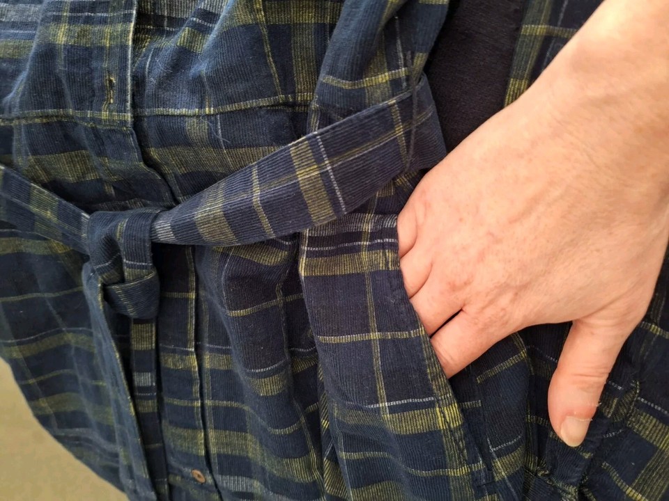 Navy & Mustard Yellow Check Fine Needlecord Shirt Dress With Pockets Tu