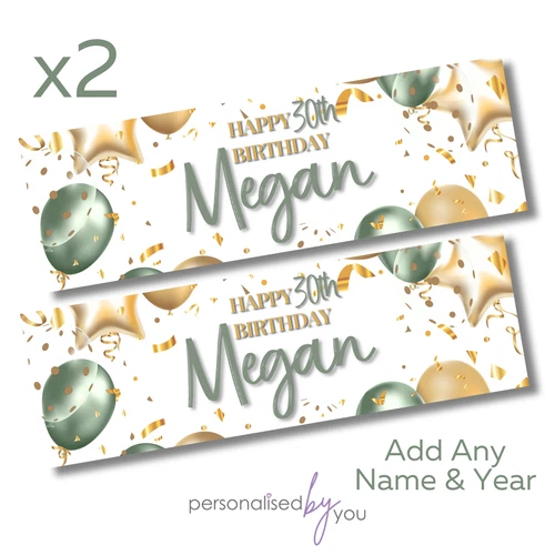 2 x Personalised Birthday Banners Large 900x300 Sage Green Gold ADD NAME ANY AGE