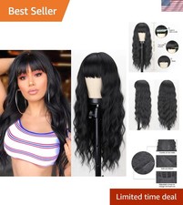Long Black Wig with Bangs,26 Inches Synthetic Wavy Bang Black Wigs for Women,...