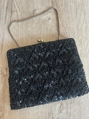 Vintage 1950s handmade black beaded evening bag with chain strap - Image 1 of 4