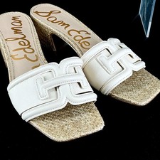 Sam Edelman Size 7 Waylon Ecru Leather Raffia Espadrille Heels Slides Sandals