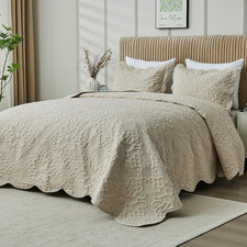 Oversized King Bedspread 128x120 Quilted Coverlet Set Beige 3 Piece