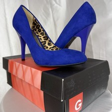 G by GUESS Womens 8 Blue Suede Heels Leopard Print Chic Coquette Metal Preppy