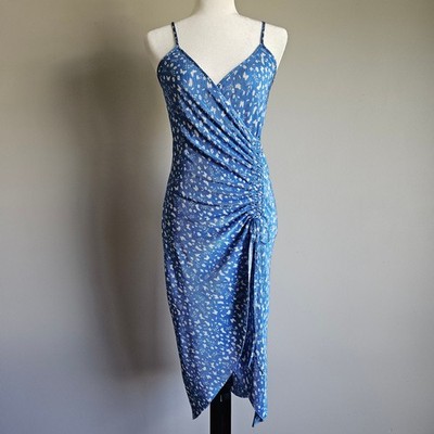 Womens Ribbed Wrap Midi Dress Y2K Size Small Floral Ruched Spaghetti Strap 