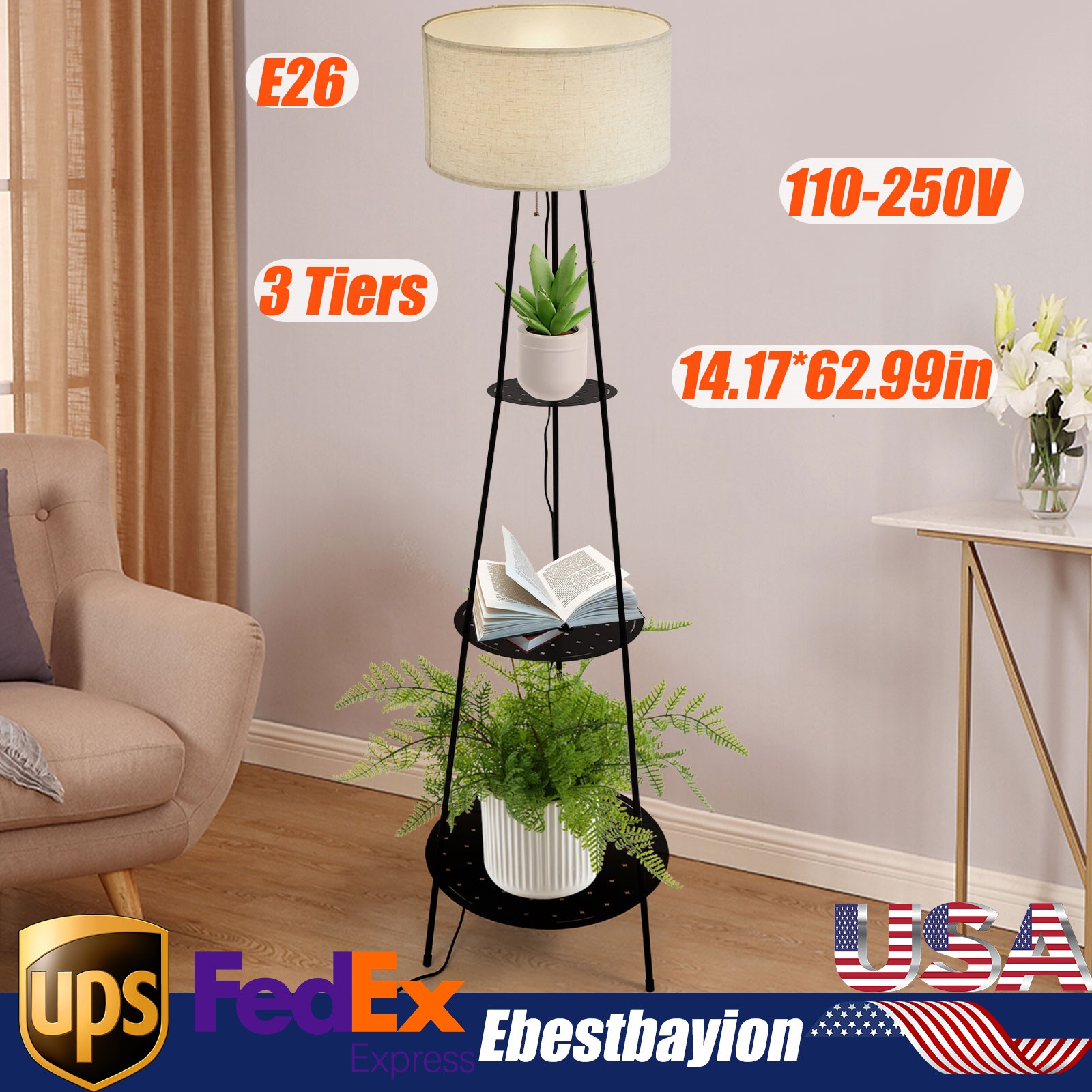 3-Tier Tripod Shelf Floor Lamp with Shelves for Reading Light