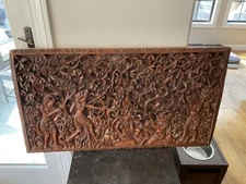 Vintage Balinese Bali Hand Carved Wood High Relief 3D Wall Art Panel 38”x21”