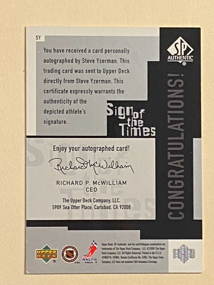 2000 UPPER DECK SP AUTHENTIC SOTT STEVE YZERMAN AUTO RED WINGS AUTOGRAPH #SY - Image 3 of 3