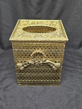 VTG Hollywood Regency Ornate Filagree Gold Toned Metal Tissue Box Cover Kleenex