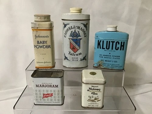 vintage  spice and powder/talcum empty metal tin cans,   lot of 5