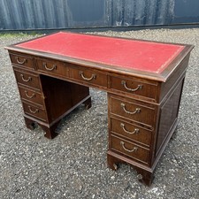 Antique Georgian Style Red Leather Top Twin Pedestal Drawer Desk Mahogany Veneer