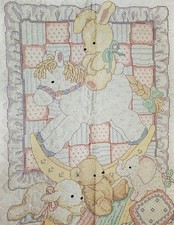 Vintage Baby Quilt Crib Hand Embroidered Animals Blanket Bears Horses 32x42 Xlnt