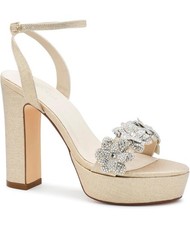Touch Ups Gabriella Rhinestone T Strap Champagne Gold Heels Size 7.5