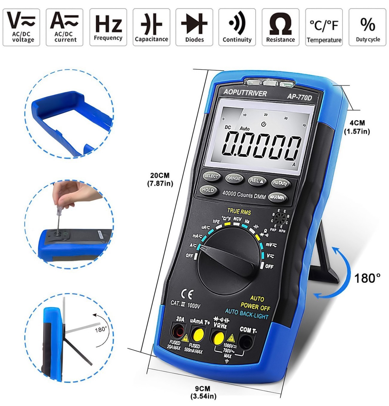Digital TRMS Multimeter 40000 Counts DC AC Current Voltmeter 750V/1000V Ohm US