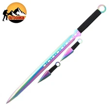 28" RAINBOW TITANIUM NINJA SWORD Full Tang Hunting MACHETE WITH THROWING KNIVES