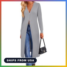 Grey Long Cardigan Sweater for Women V-Neck Slim Fit Lightweight Breathable Knit