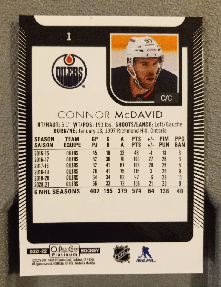 Connor McDavid Edmonton Oilers 2021-22 O Pee Chee Platinum #1 - Image 2 of 2