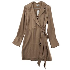 Guess Eden Wrap Dress Womens Medium Beige Belted Long Sleeve Tie Waist Lapel NWT