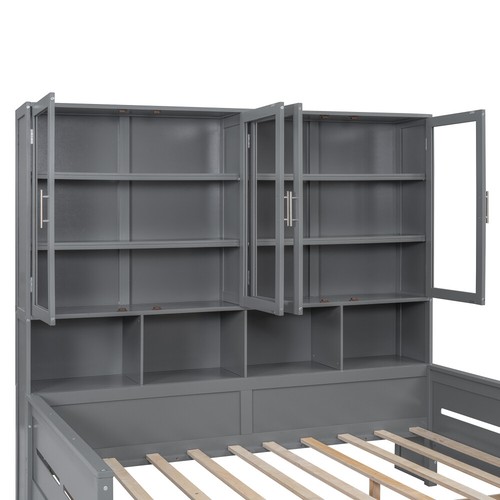 Full Size Wooden Daybed w Glass Door Storage Cabinets, LED Lighting & Shelves - Picture 12 of 22