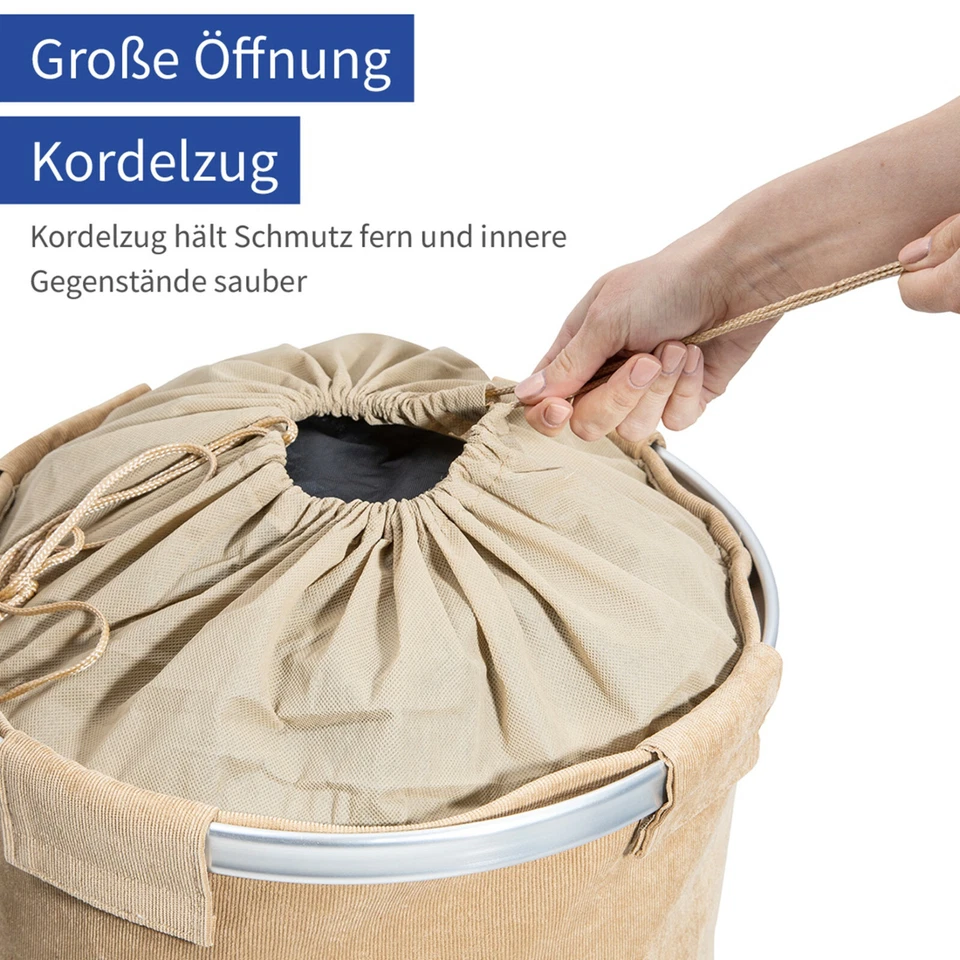 Wäschesammler Wäschekorb Wäschesack Beige Wäsche Box Rund Stoff Cord 68 Liter - Bild 3 von 4