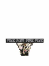 Victoria's Secret PINK Logo Elastic Lace Thong Panty Dark Floral