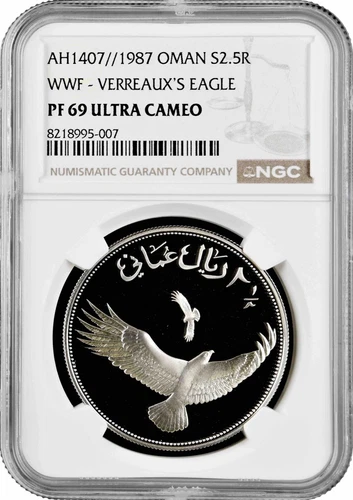 Oman 2 1/2 rials 1987, NGC PF69 UC, "25th Anniversary - World Wildlife Fund"