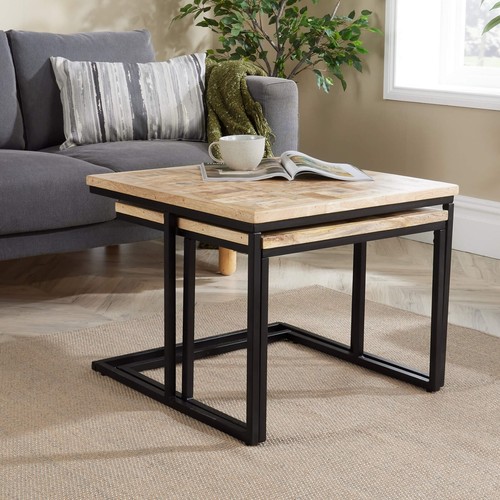 Nest of 2 Tables Solid Mango Wood Tabletop Black Metal Frame Chunky Coffee Table - Picture 6 of 10