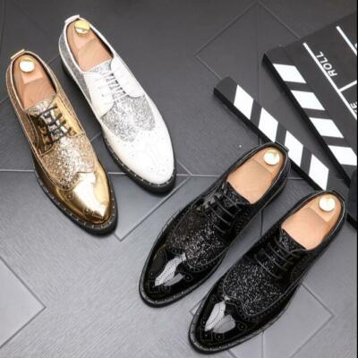 Mens Fashion Glitter Sequin Lace Up Brogue OXford Casual Formal