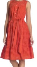 NWT J.Crew eyelet dress Lined Belted sleeveless A-line cotton Size 0 Red/Orange