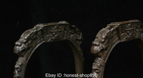 6.8" Old China Chinese Folk Iron Dragon Head general Horse Stirrups Statue - Picture 8 of 17